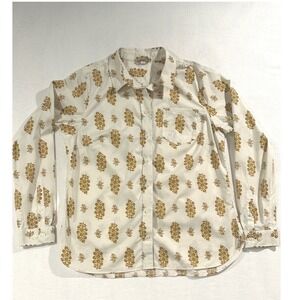 Duluth Trading Co Womens Large Floral Block Print Button Down Shirt Mustard 3453